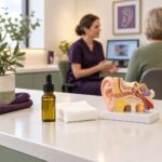Olive oil ear drops and a clean ear model illustrating safe ear wax management