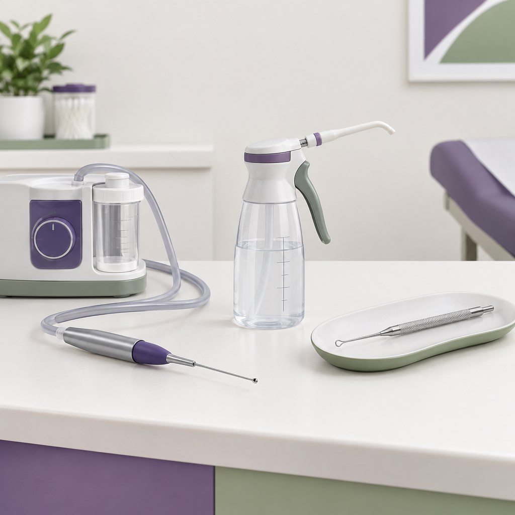 Professional microsuction, irrigation and manual ear wax removal equipment used in audiology