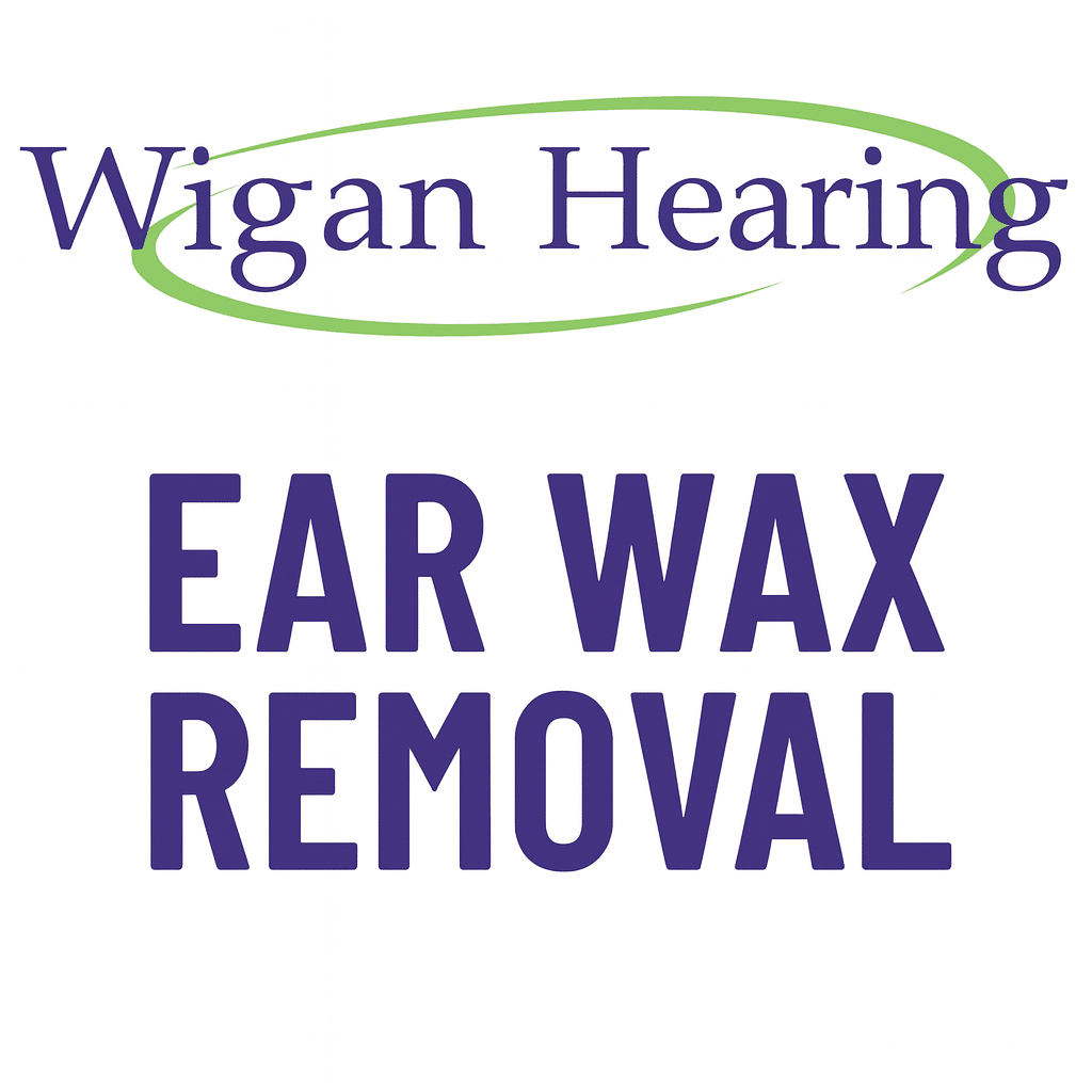 Wigan Hearing logo above bold purple text reading "Ear Wax Removal" on a white background.