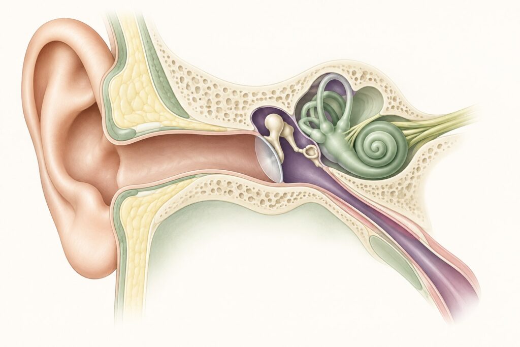 Medical illustration showing the ear canal, eardrum and middle ear pressure pathway