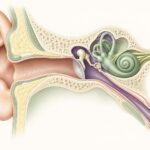 Medical illustration showing the ear canal, eardrum and middle ear pressure pathway