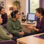 Welcoming audiology appointment showing communication support for patients with sensory and cognitive needs