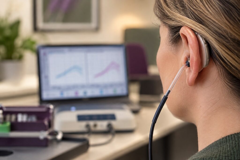 Close-up illustration of real ear measurement probe microphone verification during hearing aid fitting